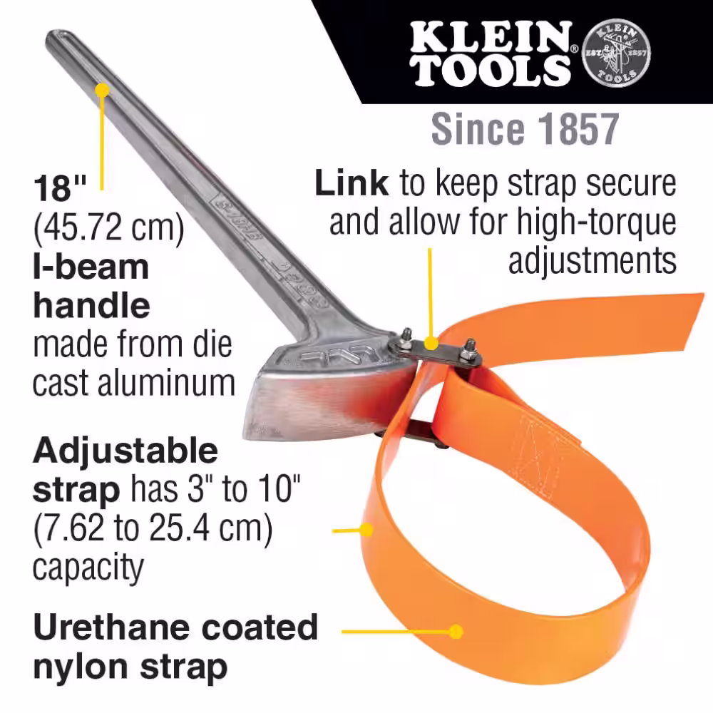 Klein Tools 1-1/8 in. to 8 in. Grip-It Strap Wrench with 18 in. Handle