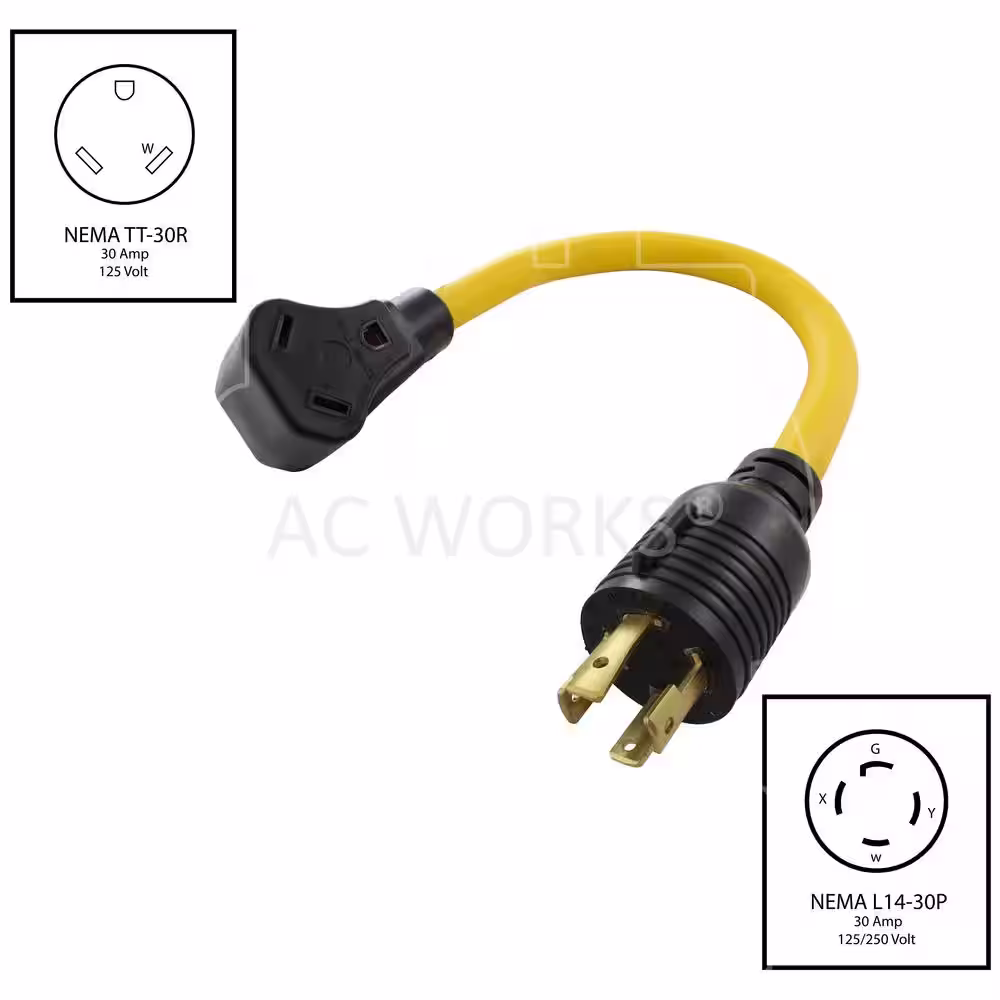 AC WORKS AC Connectors 1.5 ft. 10/3 L14-30P 30 Amp 4-Prong Locking Plug to 30 Amp RV Generator Adapter