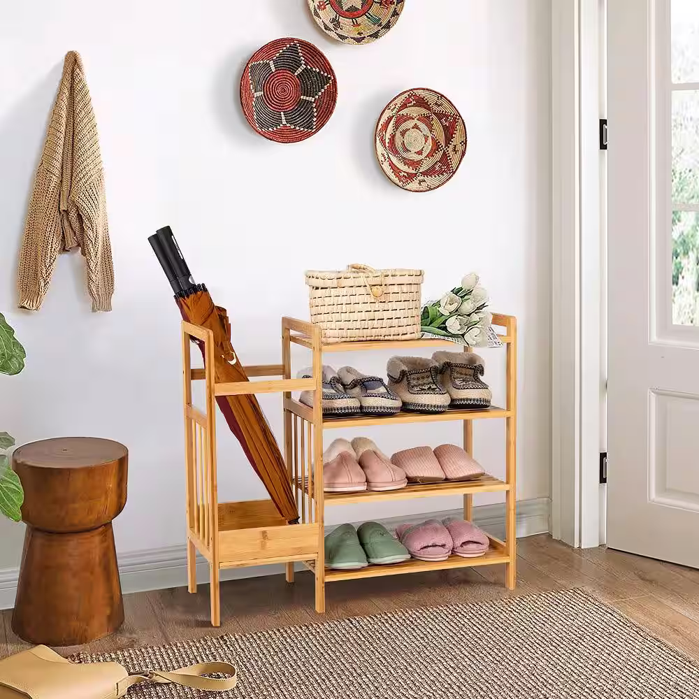 Costway 25 in. H X 28 in.W 6-Pair 4-Tier Bamboo Brown Shoe Rack Entryway Organizer w/Umbrella Holder & Shelves