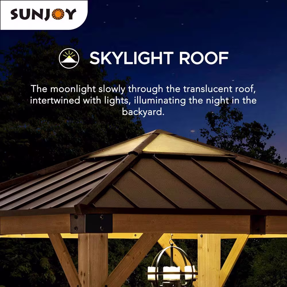 Sunjoy Jalen 9 ft. x 9 ft. Cedar Framed Gazebo with Brown Steel and Polycarbonate Hip Roof Hardtop