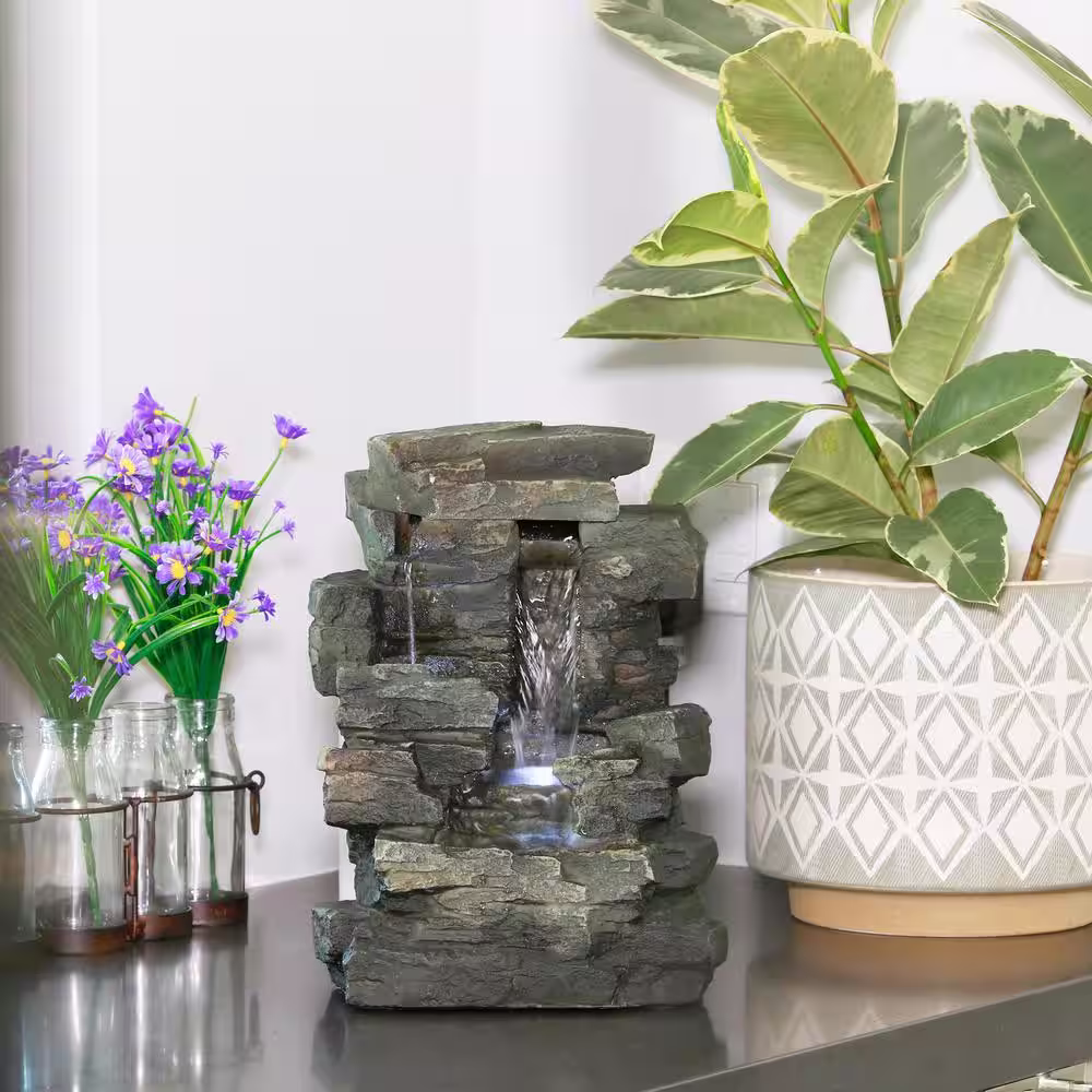 Alpine Corporation 13 in. Tall Indoor 4-Tier Cascading Tabletop Fountain with LED Lights, Gray