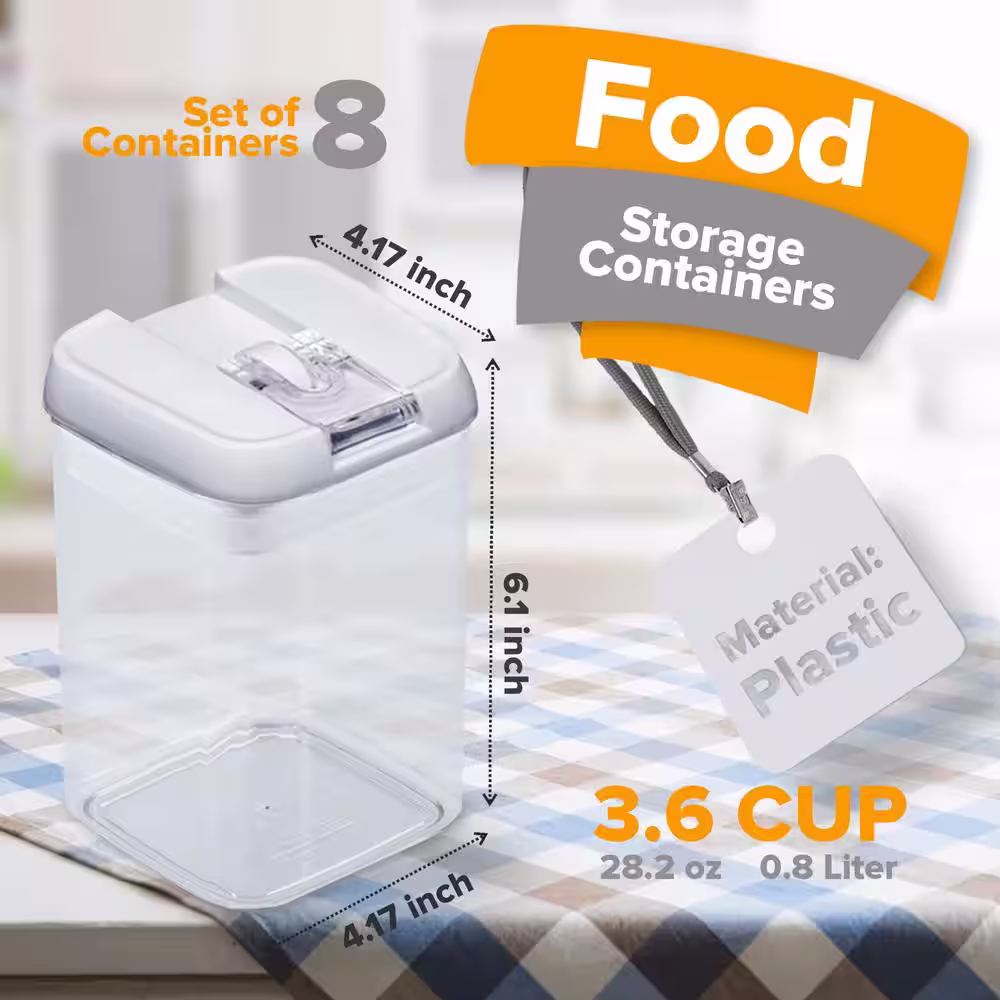 CHEER COLLECTION 8 Piece Food Storsage Plastic Containers, .8L - White