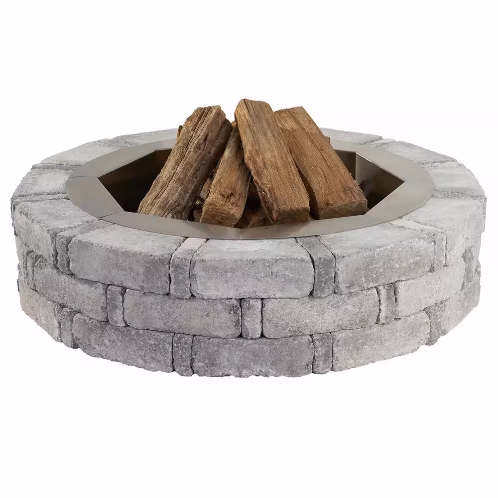 Pavestone RumbleStone 46 in. x 10.5 in. Round Concrete Fire Pit Kit No. 1 in Greystone with Round Steel Insert