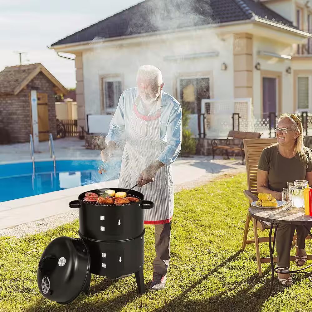 Gymax 3-In-1 Vertical Charcoal BBQ Smoker Grill Separable Black with Built-In Thermometer