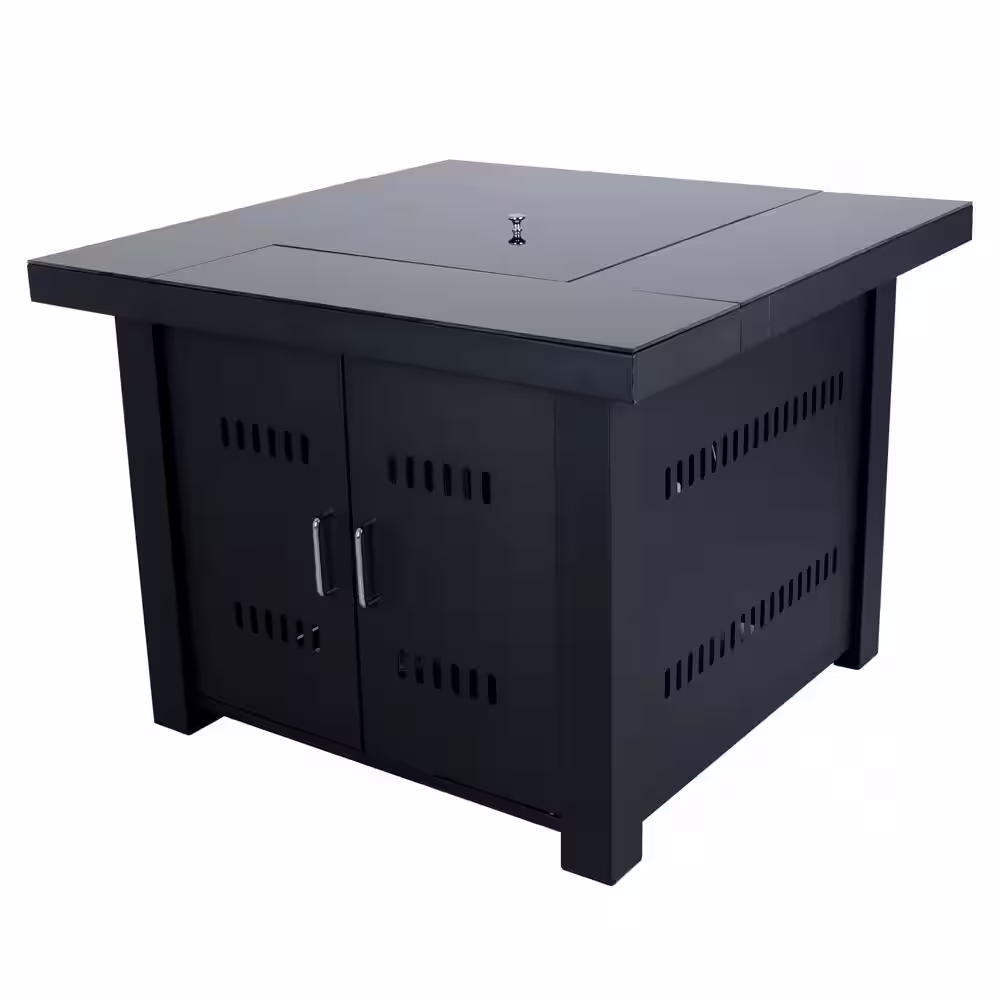 Pleasant Hearth Sheridan 38 in. x 29 in. Square Steel Propane Gas Fire Pit Table in Black with Glass Fire Rocks