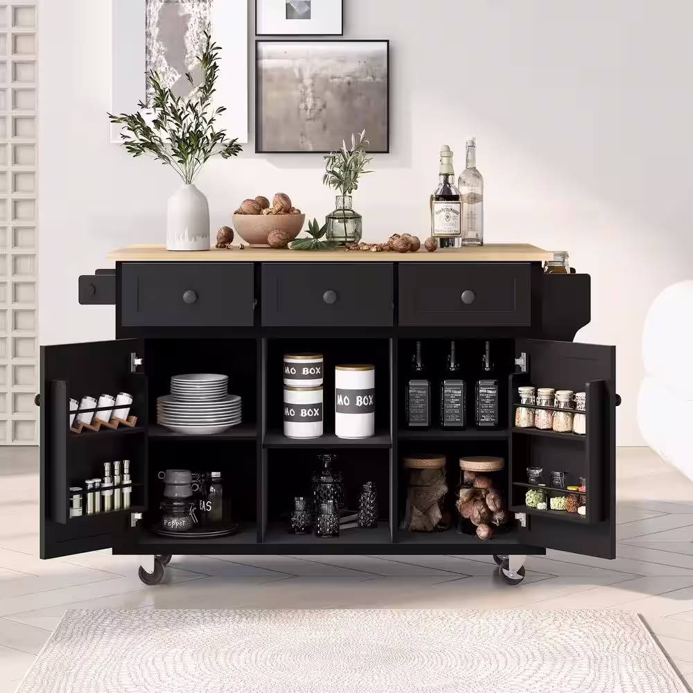 None Black Wood 53.1 in. Kitchen Island on 5-Wheels with Storage Cabinet and 3-Drawers for Dinning Room