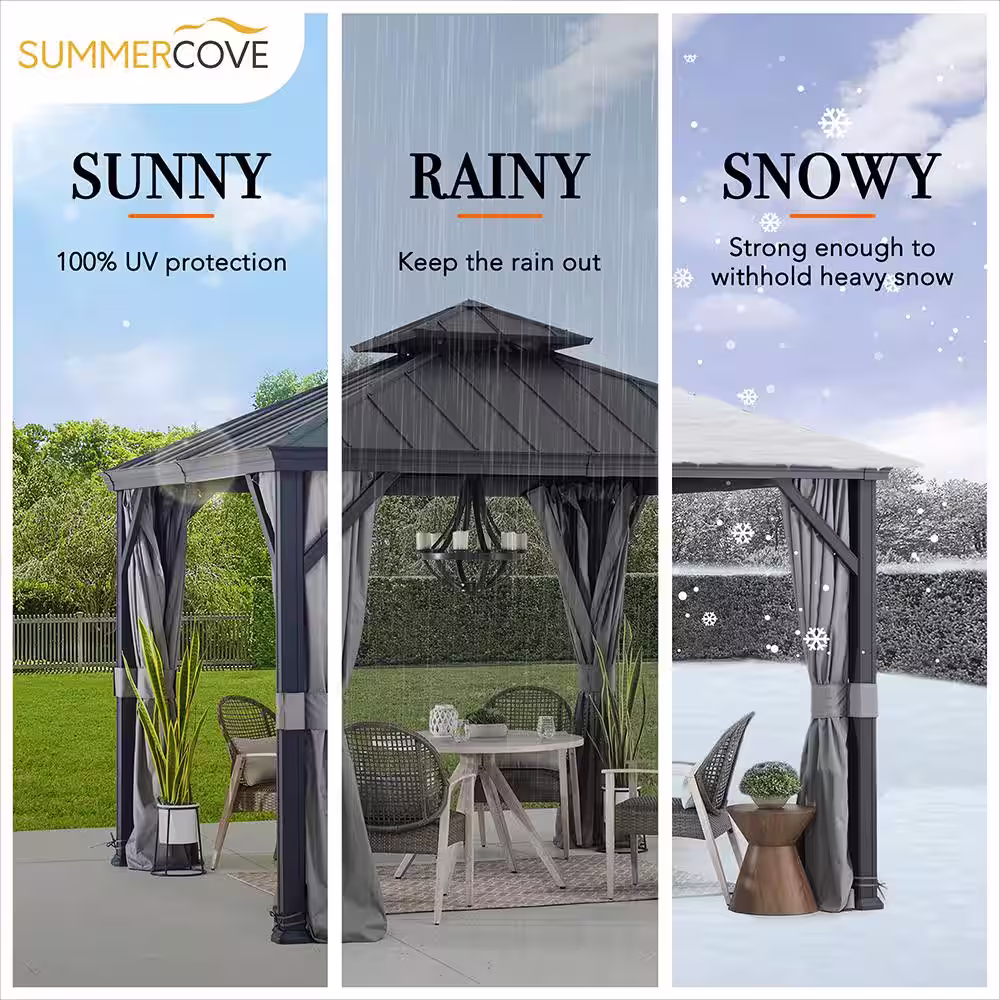Sunjoy SummerCove 10 ft. x 10 ft. Hardtop Outdoor Patio Aluminum Frame Backyard Gazebo with Netting and Curtain