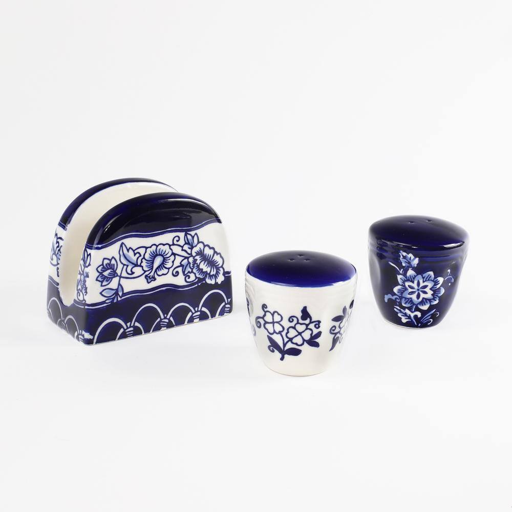 Euro Ceramica 3-Piece Blue Garden Table Accessory Set (Salt and Pepper Shakers and Napkin Holder)