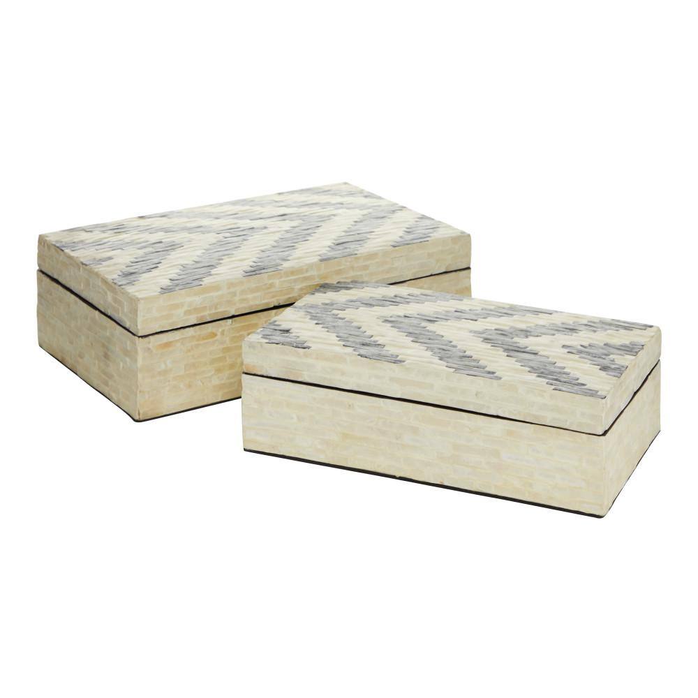 None Rectangle Mother of Pearl Handmade Chevron Pattern Box with Hinged Lid (Set of 2)