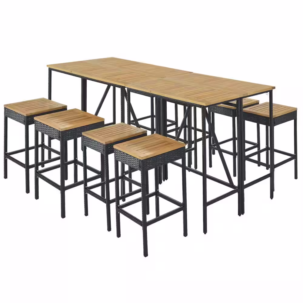 waelph 10-Piece Wicker Rectangle Outdoor Bistro Set with 8 Stools And 2 Wood Table in Brown
