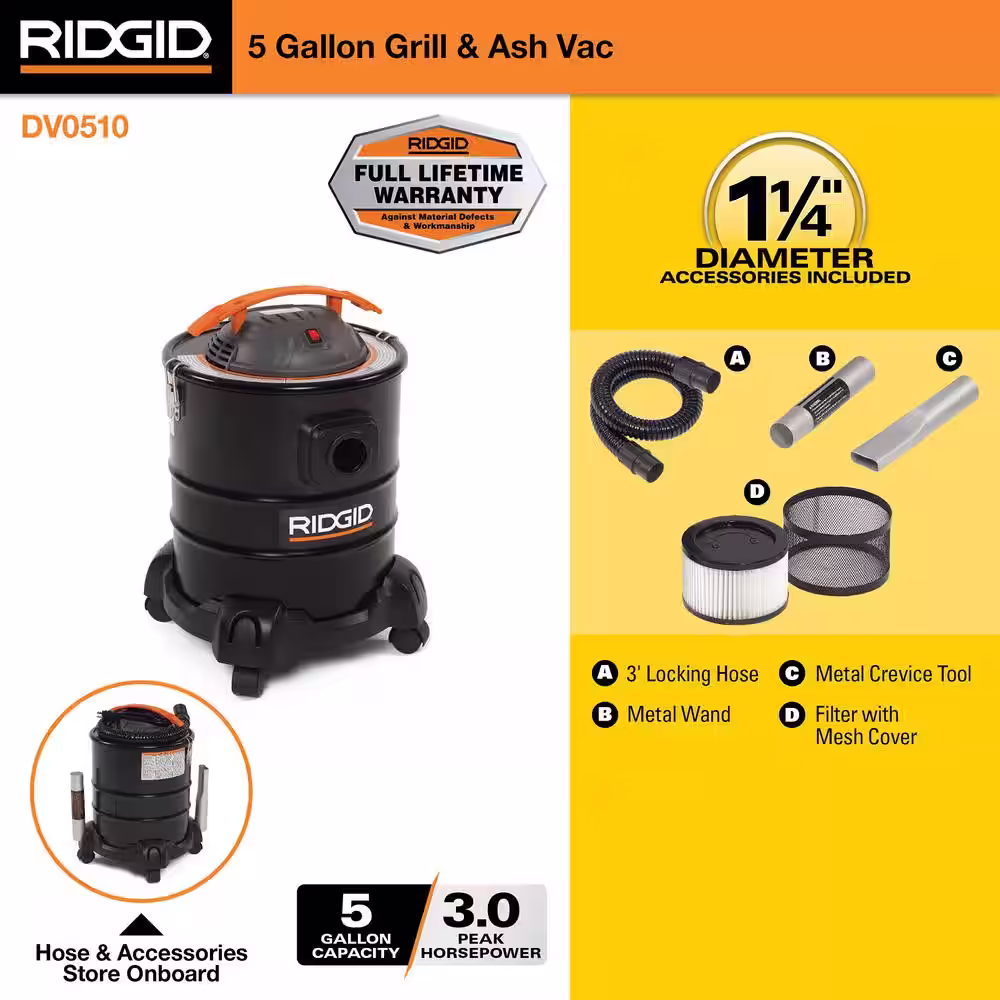 RIDGID 5 Gallon 3.0 Peak HP Cool/Dry Ash Canister Shop Vacuum, HEPA Material Filter, Hose and Accessories