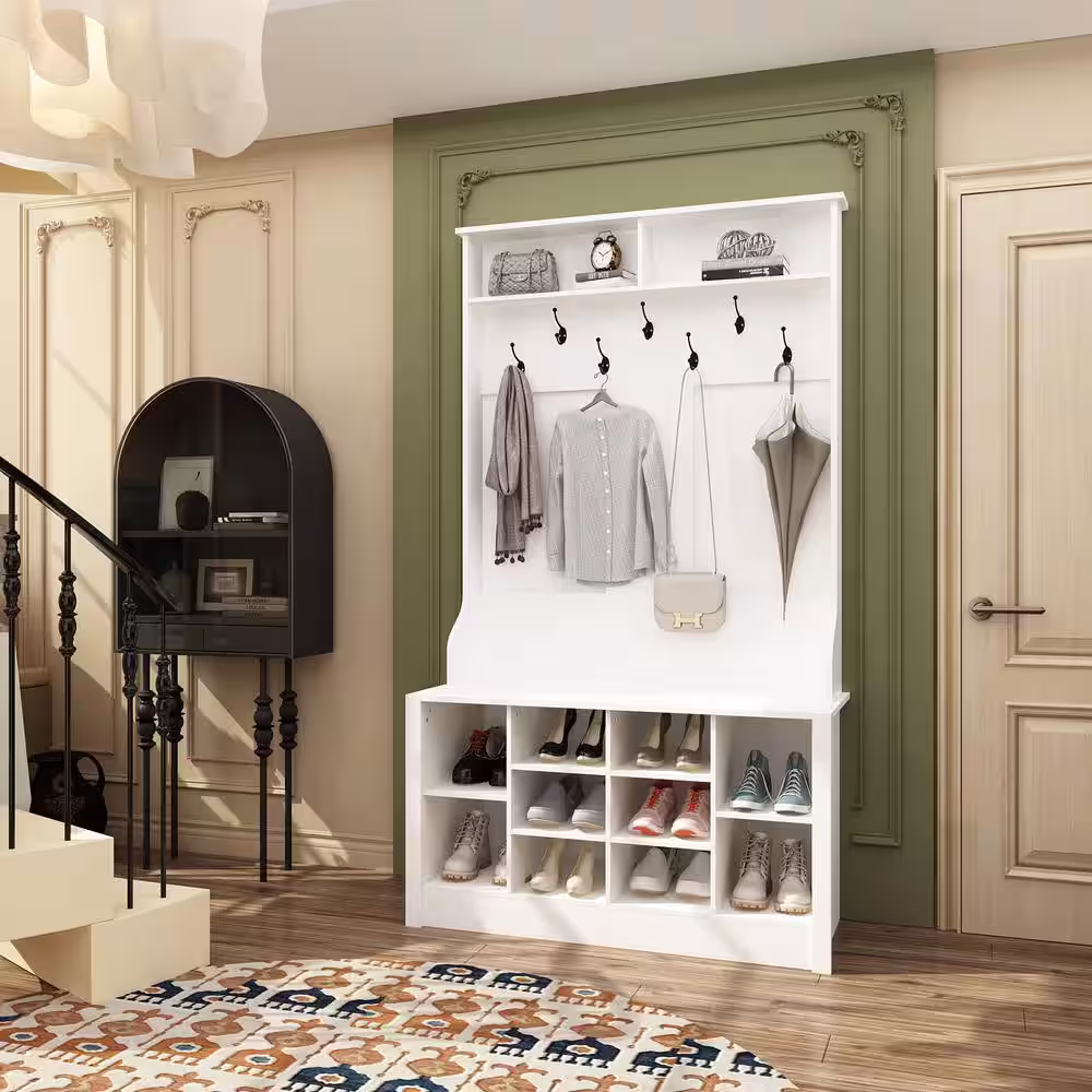 None 68.5 in. White Wood 3-in-1 Hall Tree Coat Rack Storage Bench with 7-Metal Double Hooks and Shelves