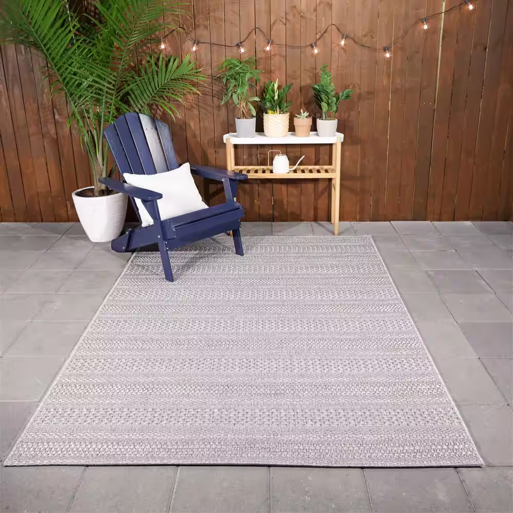 Hampton Bay Natural Ash Grey 9 ft. x 12 ft. Striped Indoor/Outdoor Patio Area Rug