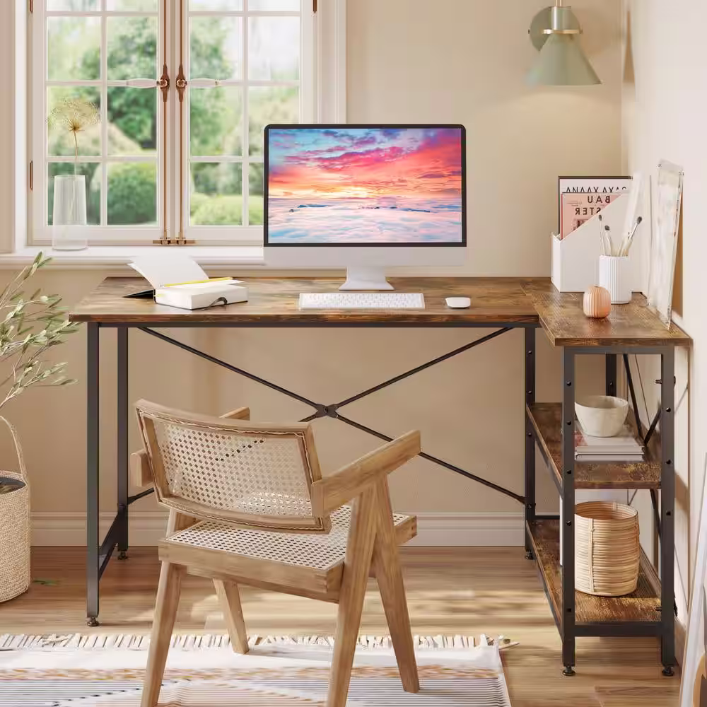 Bestier 55 in. L-Shaped Rustic Brown Desk with Adjustable Shelves