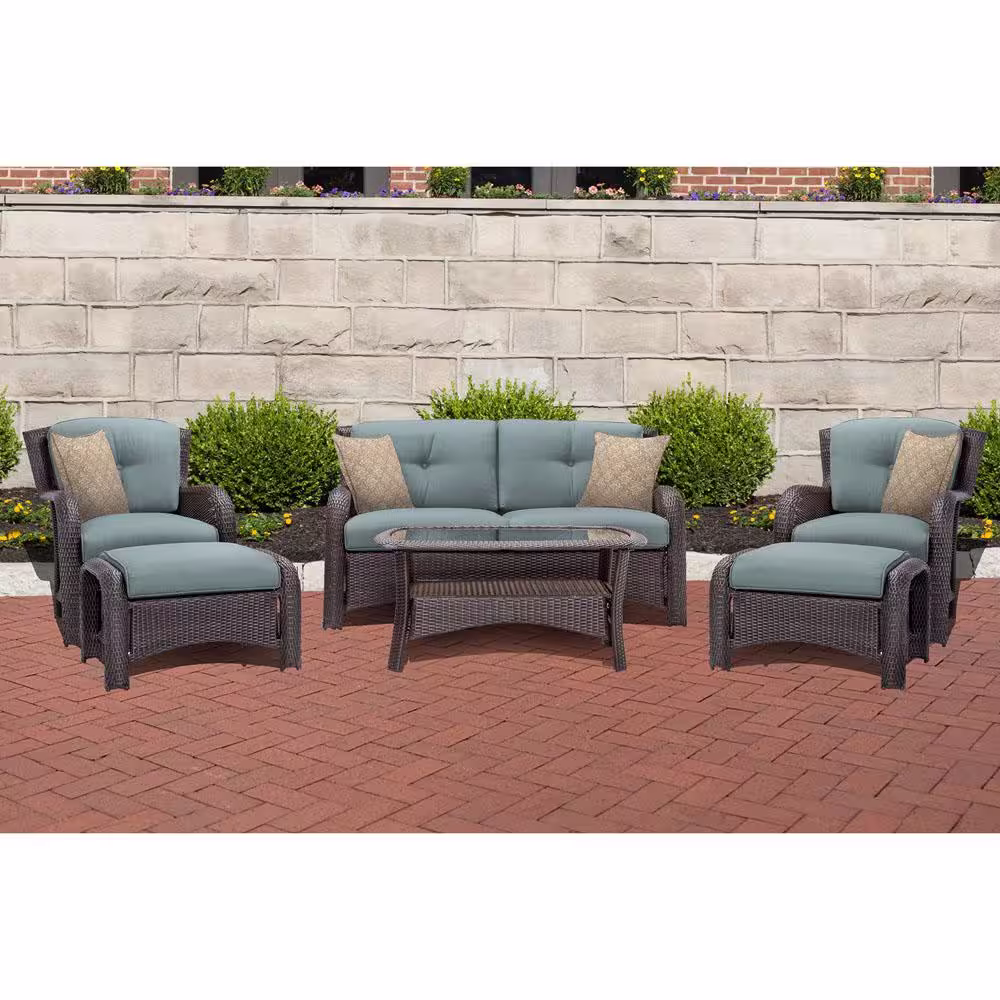 Cambridge Corrolla 6-Piece Wicker Patio Conversation Set with Plush Blue Cushions, Loveseat, Coffee Table, 2 Chairs, 2 Ottomans