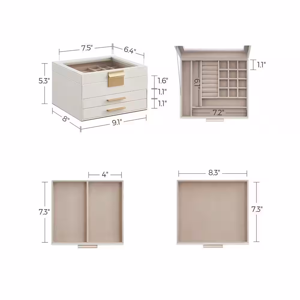 None Jewelry Box with Glass Lid, 3-Layer Jewelry Organizer, 2-Drawers