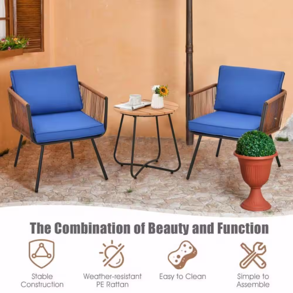 Alpulon 3-Piece Metal Outdoor Bistro Patio Furniture Set with Armrest and Blue Cushions