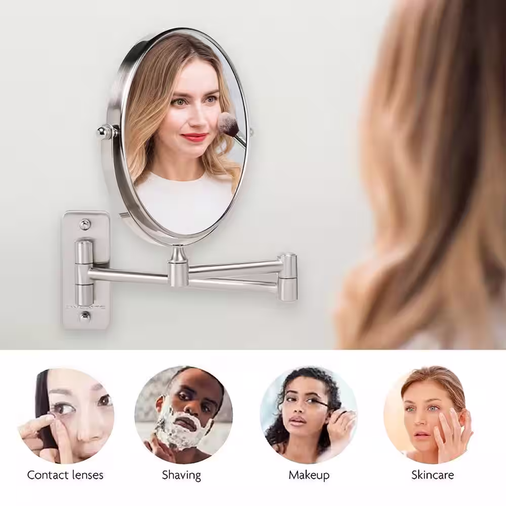 OVENTE Small Round Wall Mounted Nickel Brushed Makeup Mirror (11 in. H x 1.4 in. W), 1x-7x Magnification