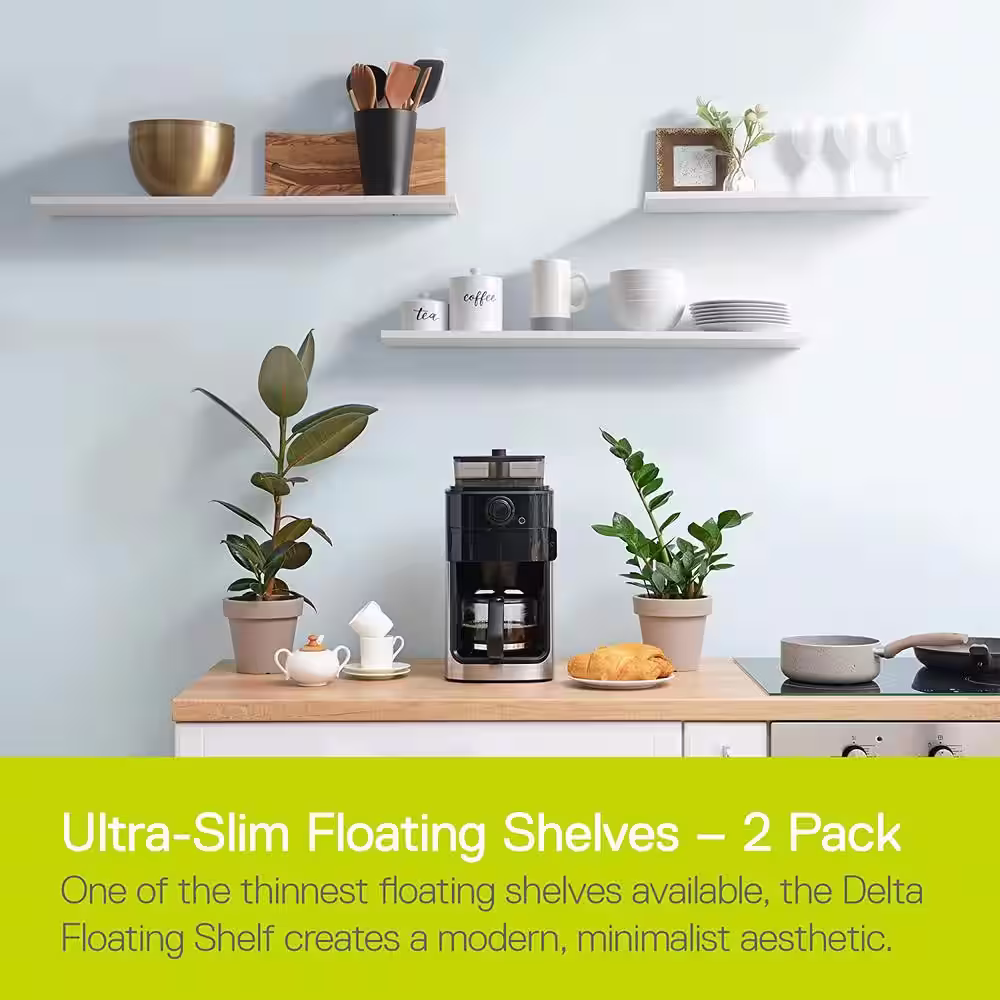 Delta 8 in. D x 36 in. W x 0.5 in. H Slim White Floating Shelves (2-Pack)