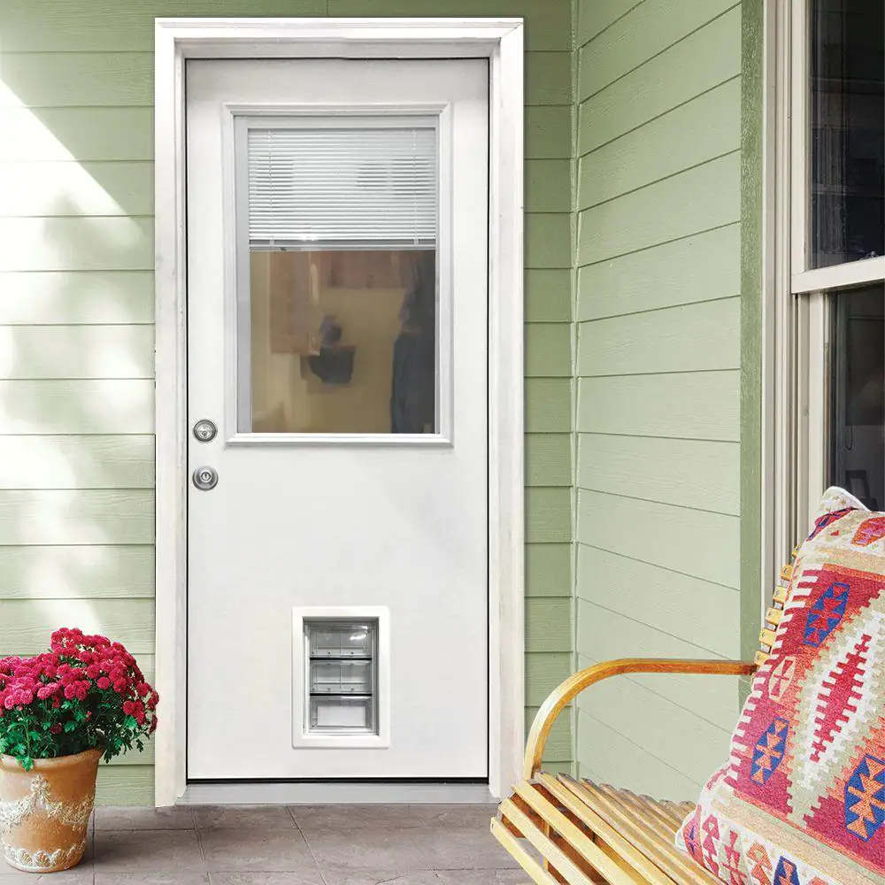 Steves & Sons 31-3/4 in. x 79 in. Reliant Series Clear 1/2-Lite Mini-Blind White Primed Fiberglass Front Door Slab w/ Medium Pet Door