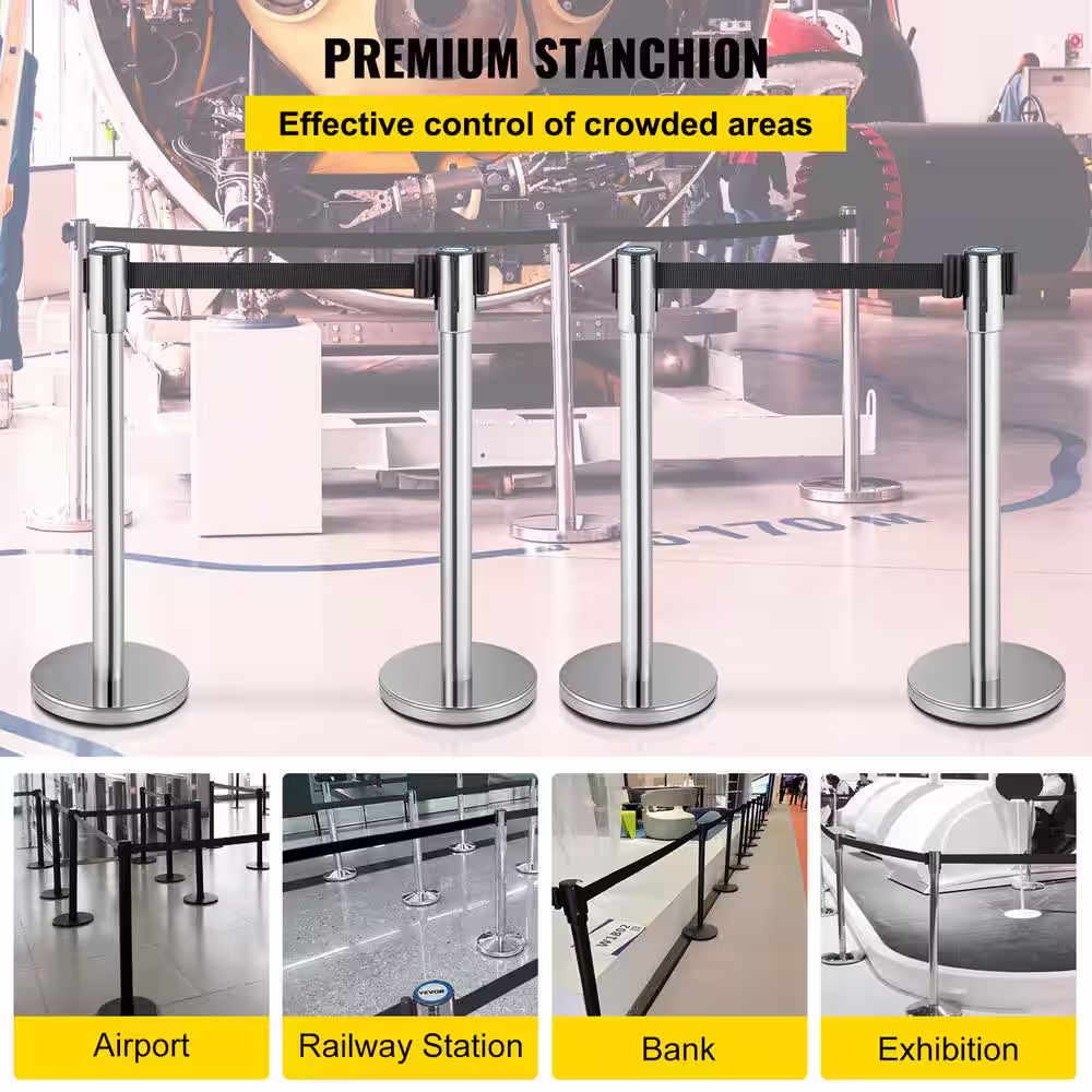VEVOR Crowd Control Stanchion 2 Pieces Stanchion Set 6.6 ft. Black Retractable Belt Steel Line Dividers with Metal Base,Silver
