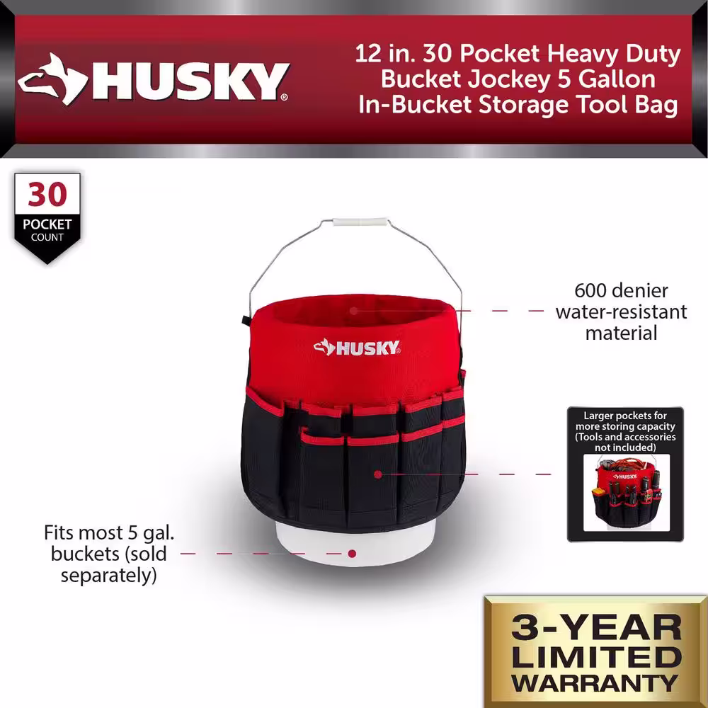 Husky 12 in. 30 Pocket Heavy Duty Bucket Jockey 5 Gallon In-Bucket Storage Tool Bag