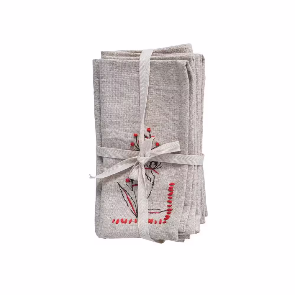 Storied Home 18 in. W x 0.1 in. H Gray Flower Printed Cotton and Linen Napkins (Set of 4)