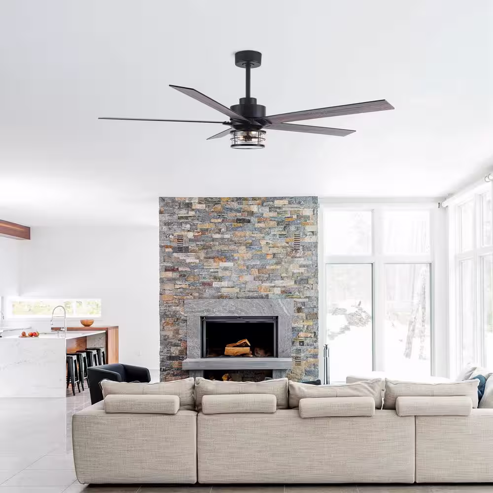 Parrot Uncle Barnn 65 in. Industrial Matte Black Downrod Mount LED Ceiling Fan with Lights and Remote Control