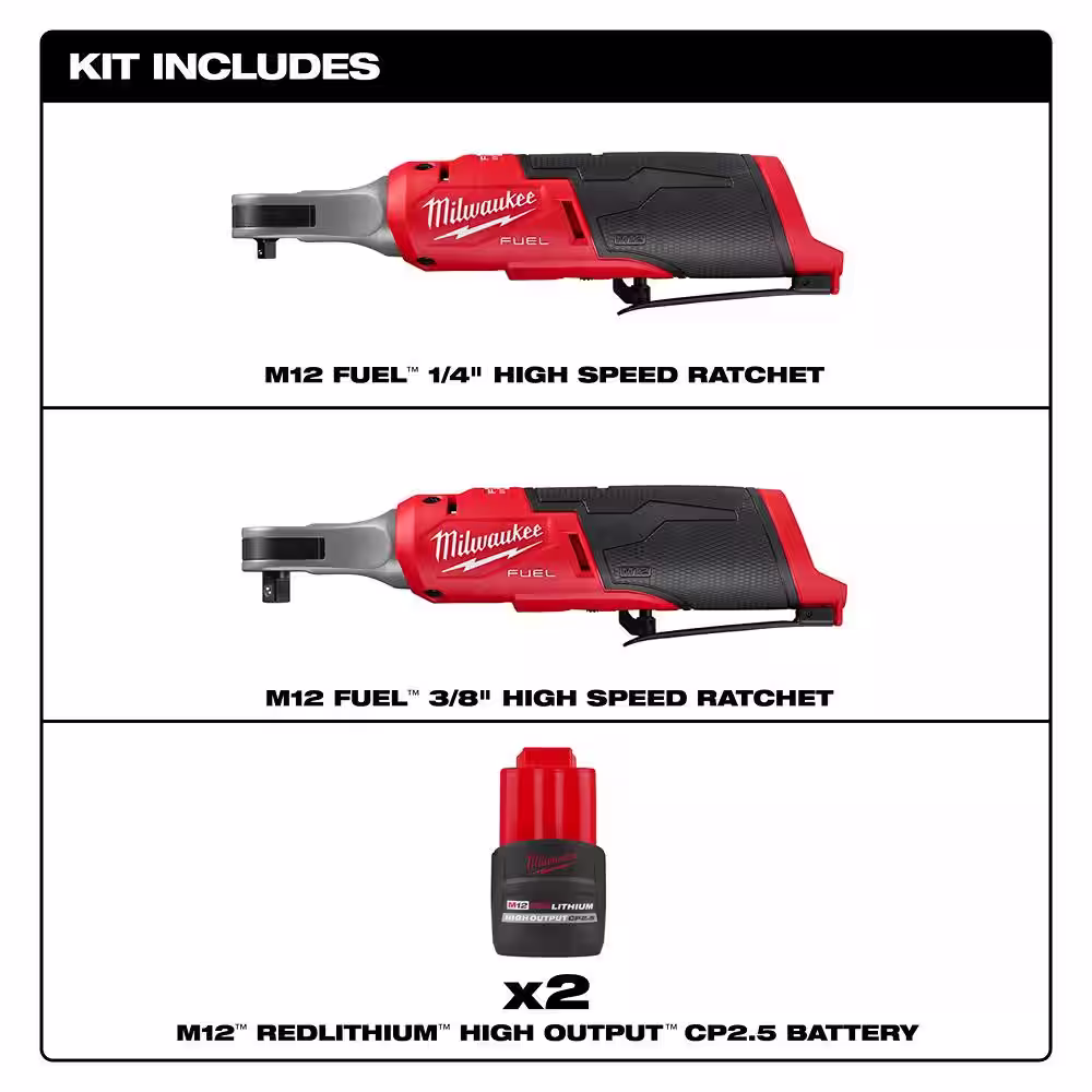 Milwaukee M12 FUEL 12-Volt Lithium-Ion Brushless Cordless High Speed 3/8 in. & 1/4 in. Ratchets w/(2) M12 CP 2.5 Ah Batteries