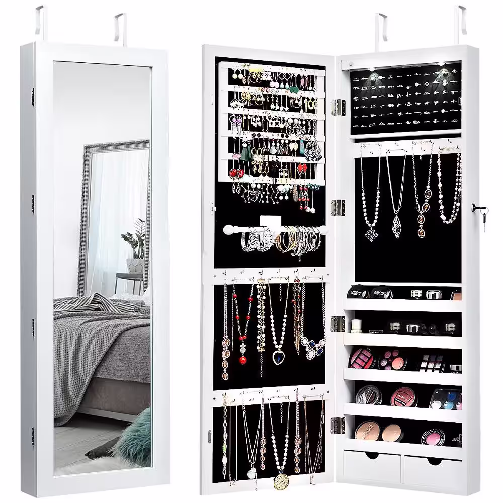 Costway Wall Mount Lockable Mirrored Jewelry Box Cabinet Organizer Armoire
