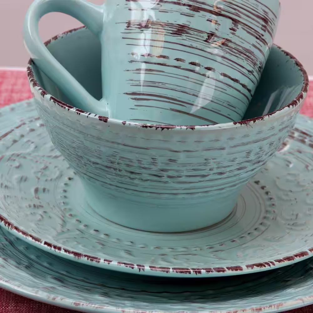 Elama Malibu 16-Piece Coastal Turquoise Stoneware Dinnerware Set (Service for 4)