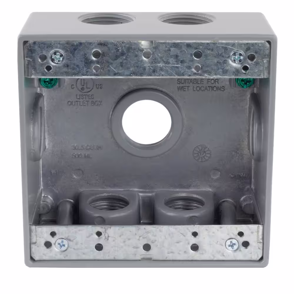 Commercial Electric 2-Gang Metallic Weatherproof Box with (7) 3/4 in. Holes and Side Lugs, Gray