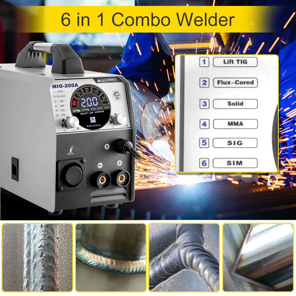 VEVOR 6 in 1 MIG TIG MMA Welder 200 Amp Flux Core Welding Machine Aluminum 110/220-Volt with1 KG Welding Wire Stick Welder