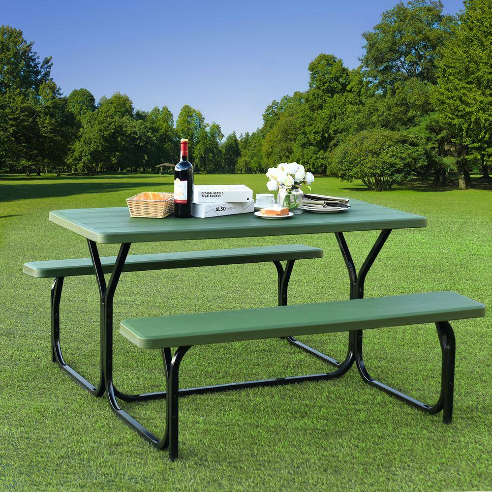 None 54 in. W x 59 in. D x 28 in. H Green All Weather Steel Frame Outdoor Camping Picnic Table Bench Set, HDPE Surface
