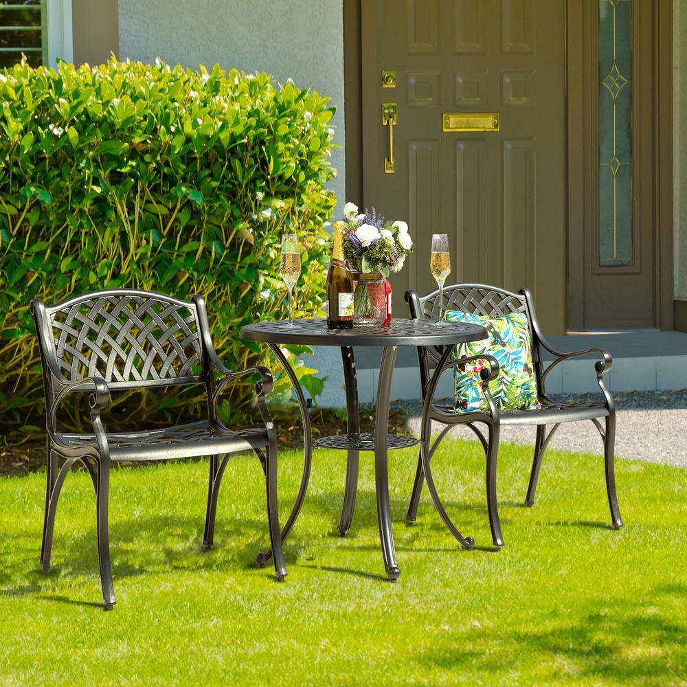 Nuu Garden 3-Piece Cast Aluminum Outdoor Patio Bistro Set Dining Chair and Round Table Set with Umbrella Hole in Black