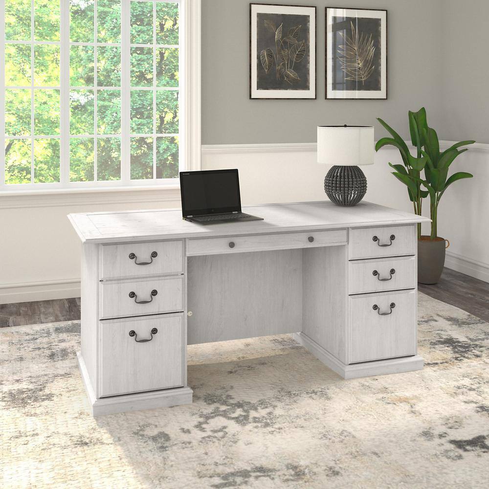 Bush Furniture Saratoga 65.98 in. Rectangular Linen White Oak 6 Drawer Desk