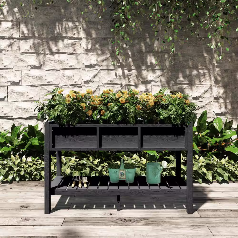 None 46 in. x 17 in. x 28 in. Outdoor Black Plastic Wood Raised Garden Bed Planter Box with Shelf