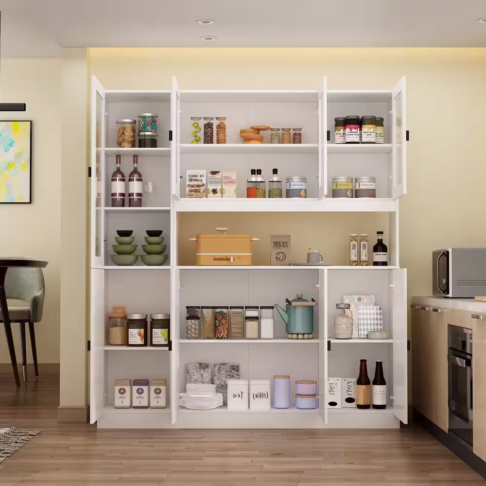 None White Wood Combination Storage Cabinet W/Buffet and Hutch, Glass Doors, Shelves (62.9 in. W x 12.2 in. D x 70.9 in. H)