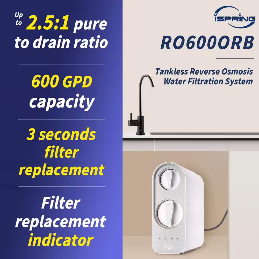 ISPRING Tankless Reverse Osmosis Water Filtration System, 600 GPD Fast Flow, Oil Rubbed Black Faucet, 2.5: 1 Pure to Drain Ratio