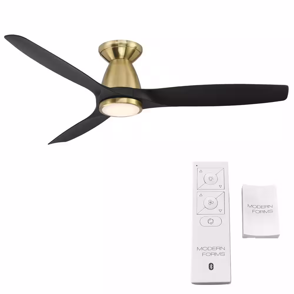 Modern Forms Skylark 54 in. 3-Blade Smart Flush Mount Satin Brass Black Ceiling Fan 3000K and Remote Control
