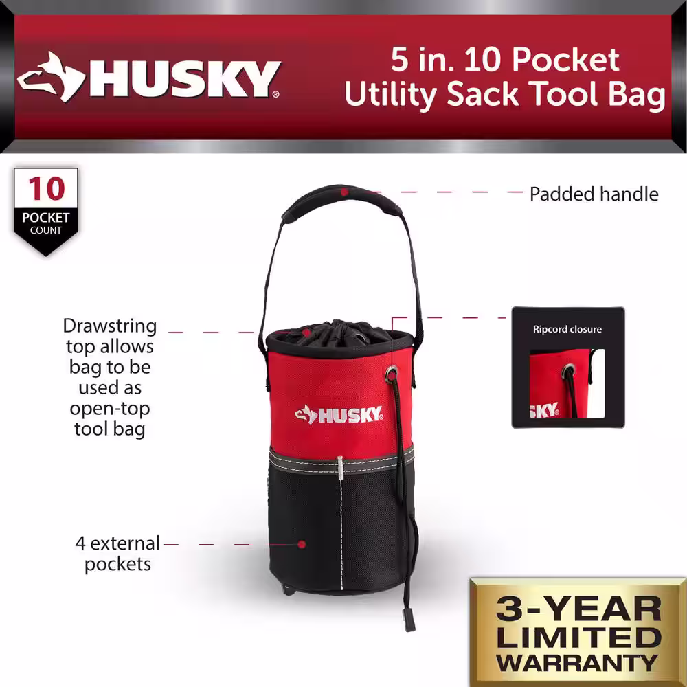 Husky 5 in. 10 Pocket Utility Sack Tool Bag