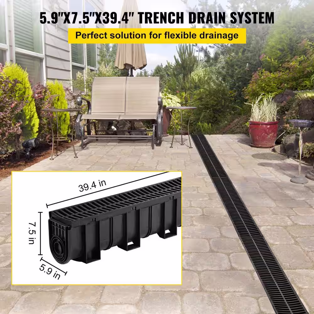 VEVOR Trench Drain Grate 39 in. L x 5.8 in. W x 7.5 in. D Drainage Trench with Plastic Grate and End Cap Channel DrainÂ 4 Pack