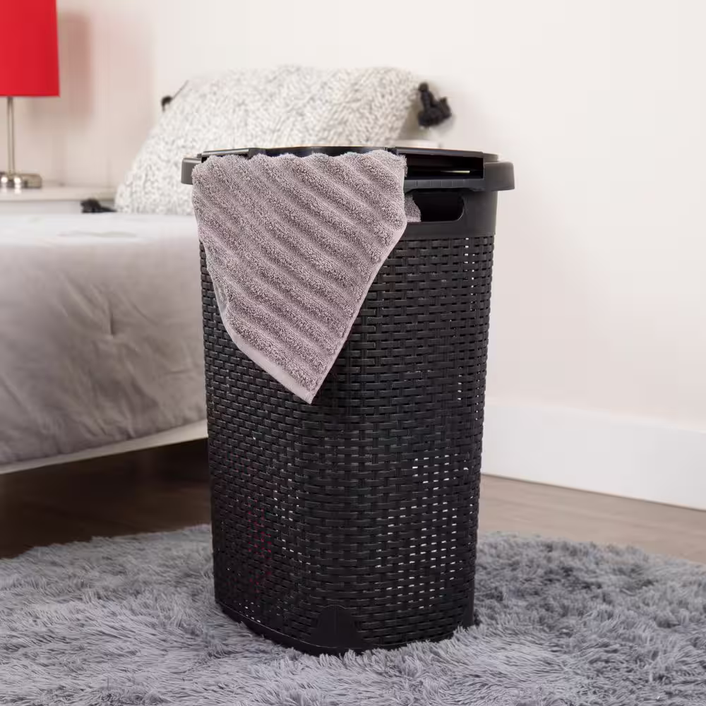 Mind Reader Basket Collection, Plastic Slim Laundry Hamper, 60 Liter (15kg/33lbs) Capacity, Attached Hinged Lid, Set of 2, Black