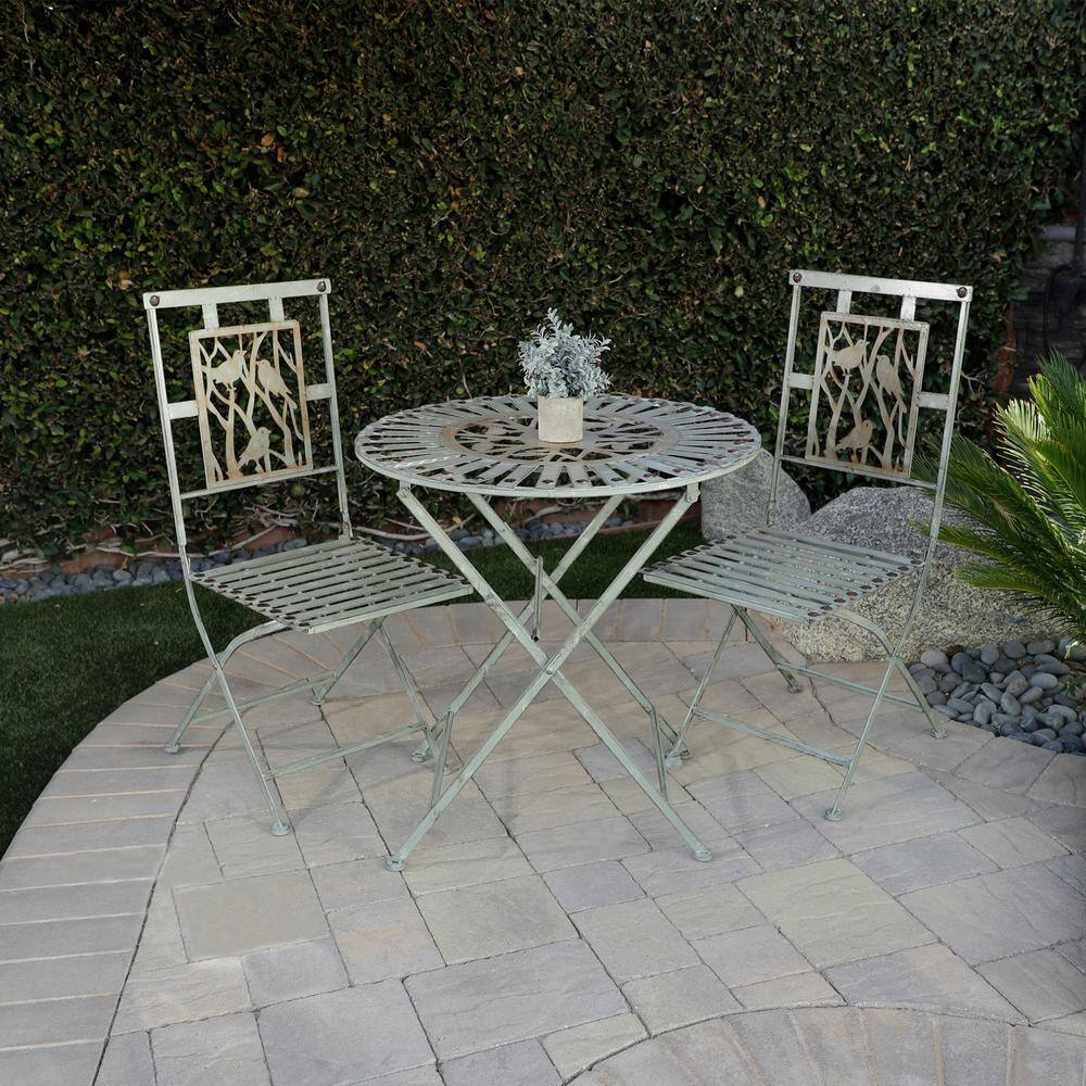 Alpine Corporation Indoor/Outdoor Bird Design 3-Piece Iron Bistro Set Folding Table and Chairs Patio Seating