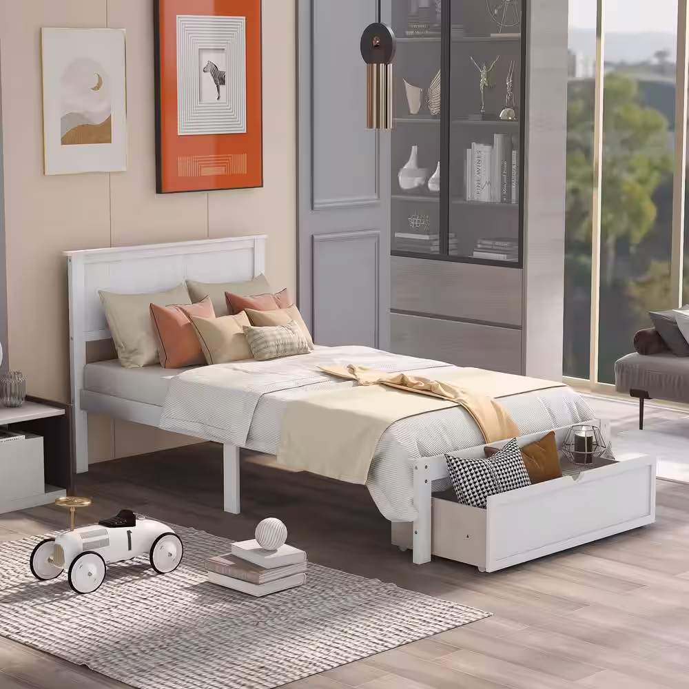 None 76 in. W White Twin Bed Frame, Wood Twin Platform Bed Frame with Storage Drawer, Wood Twin Bed Frame with Headboard