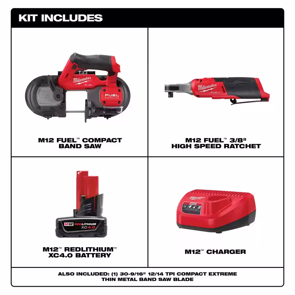 Milwaukee M12 FUEL 12-Volt Lithium-Ion Cordless Compact Band Saw and M12 FUEL High Speed 3/8 in. Ratchet with Battery and Charger