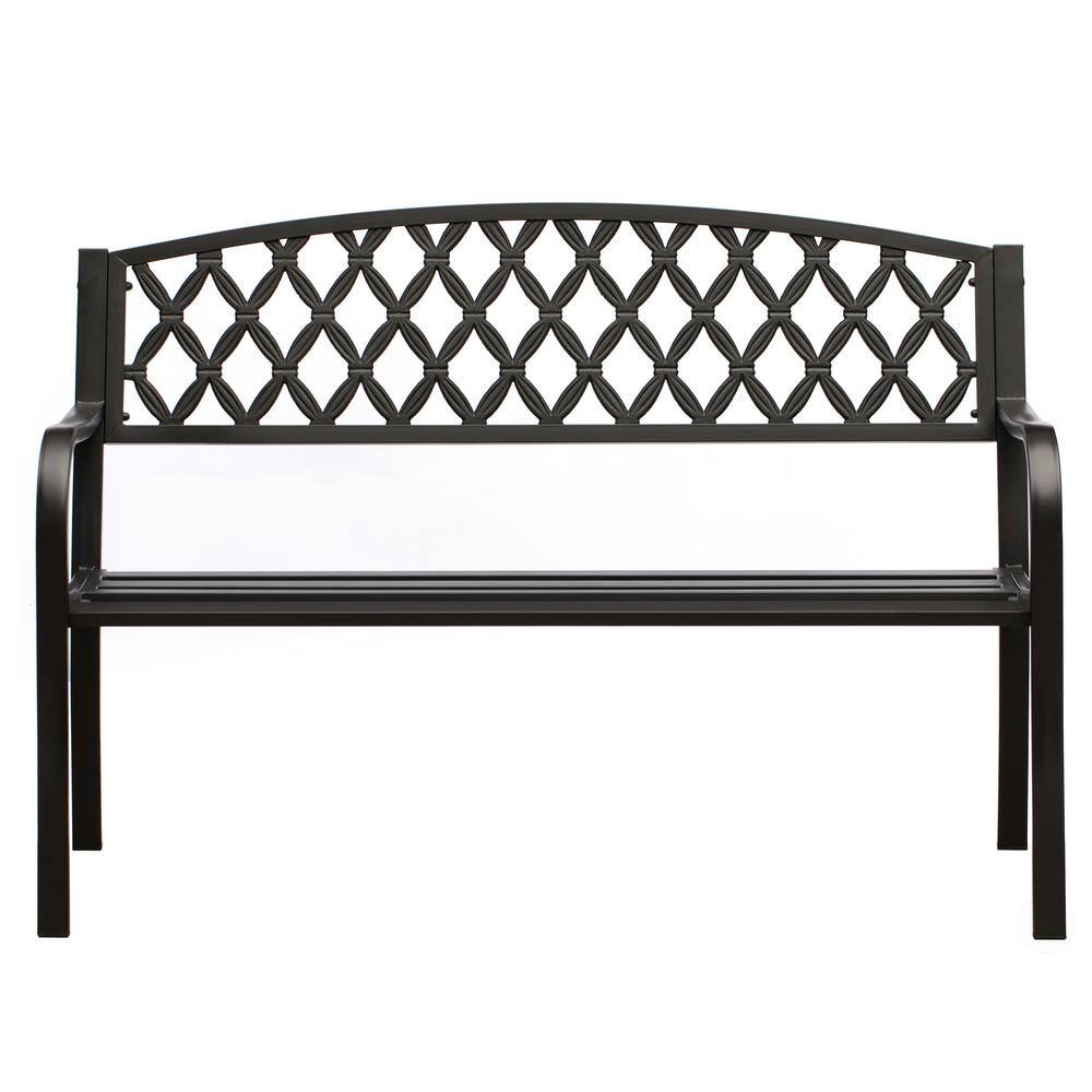 Gardenised Black Outdoor Garden Patio Steel Park Bench Lawn Decor with Cast Iron Back Seating bench, with Backrest and Armrest