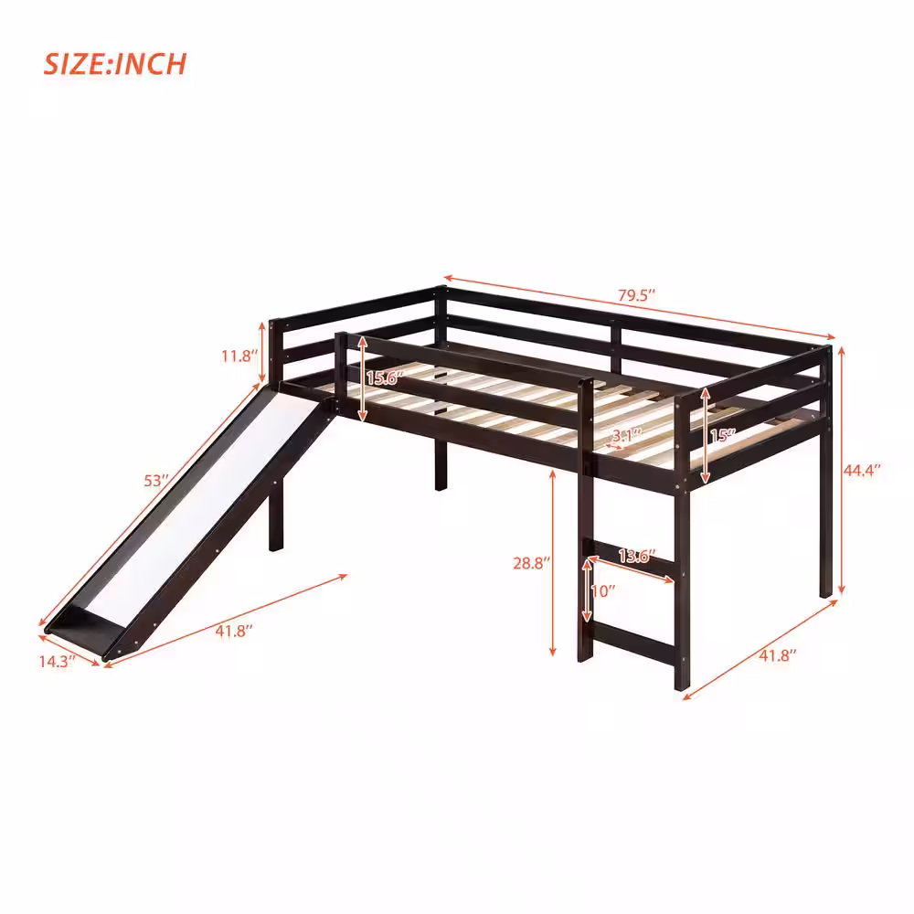Harper & Bright Designs Espresso Twin Size Wood Loft Bed with Slide and Ladder