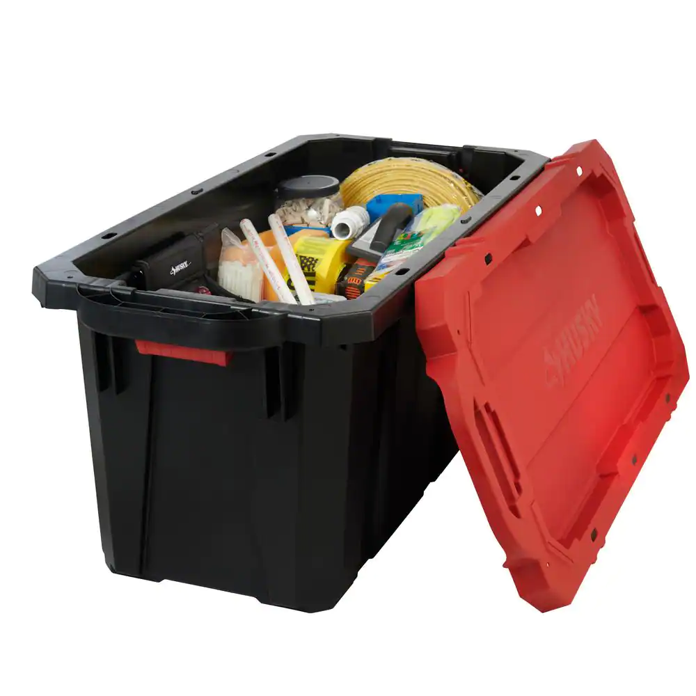 Husky 45 Gal. Latch and Stack Tote with Wheels in Black with Red Lid