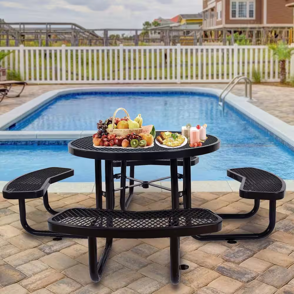 None Black Round Outdoor Steel Picnic Table Dining Table 46 in. with Umbrella Pole